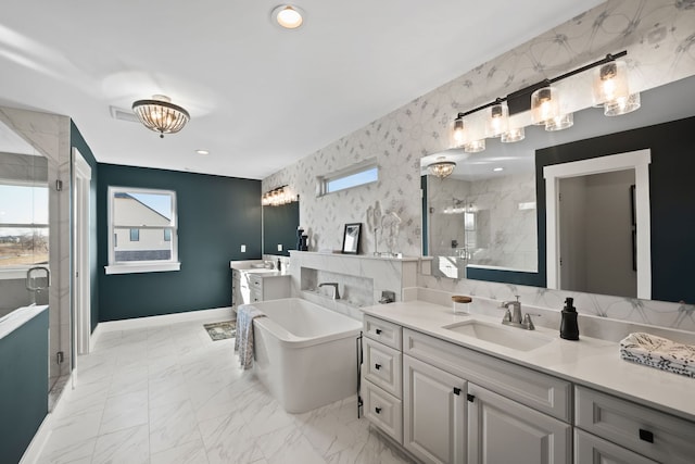 bathroom featuring vanity and plus walk in shower