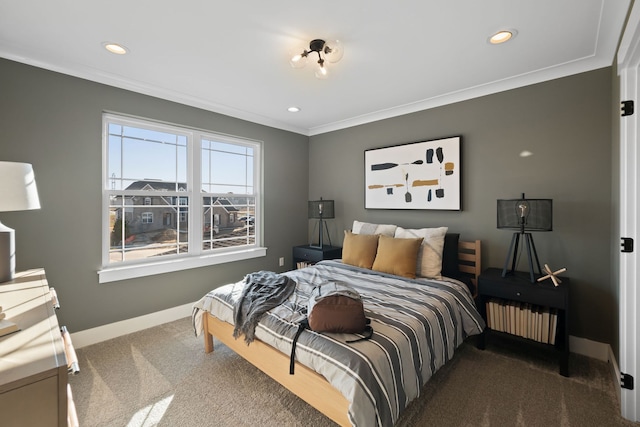 carpeted bedroom with crown molding