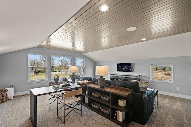 carpeted home office featuring wooden ceiling, vaulted ceiling, and a healthy amount of sunlight