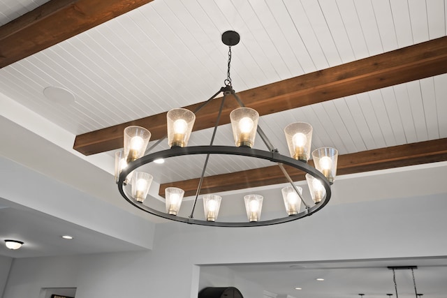 interior details featuring beam ceiling and an inviting chandelier