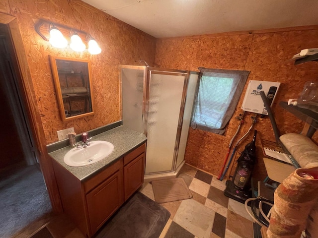 10544 N Lazy Ln, Bitely, MI 49309 - bathroom with vanity, a stall shower, and tile patterned floors