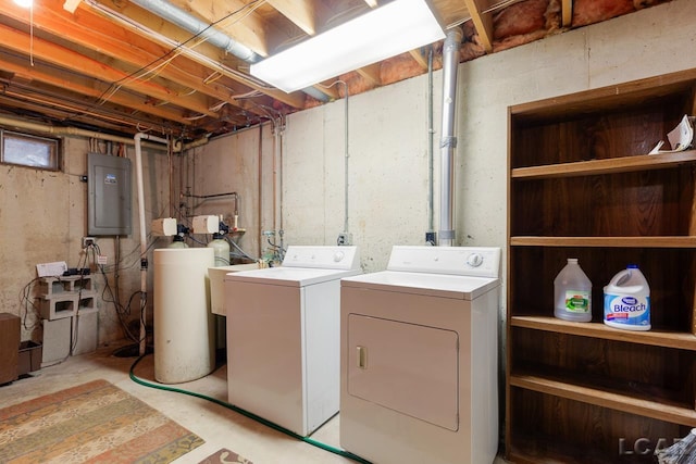 washroom with washing machine and clothes dryer and electric panel