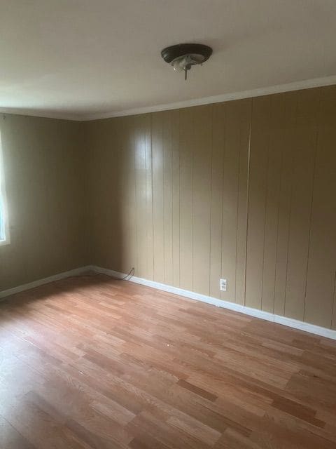 empty room with light hardwood / wood-style floors, crown molding, and wood walls