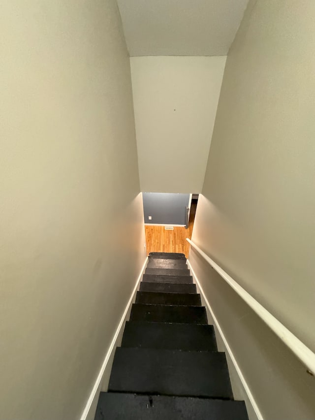 stairway with hardwood / wood-style flooring