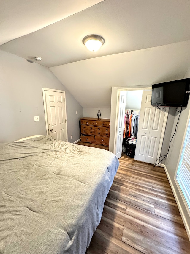 bedroom featuring dark hardwood / wood-style flooring, a spacious closet, vaulted ceiling, and a closet