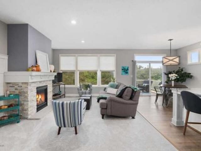 living room with a fireplace, a wealth of natural light, and light hardwood / wood-style flooring