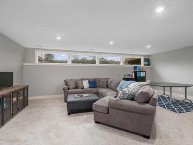 living room featuring light colored carpet