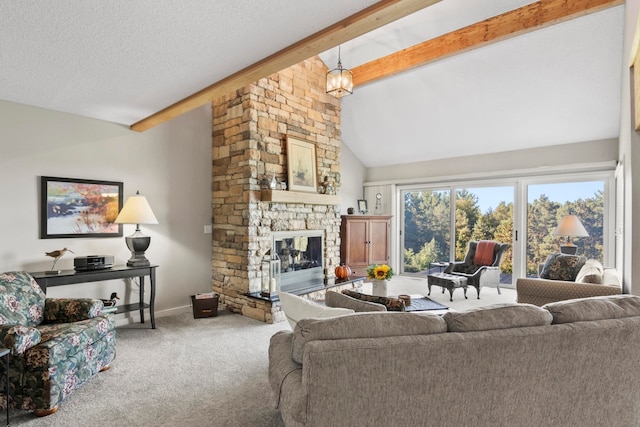 living room featuring a stone fireplace, beamed ceiling, high vaulted ceiling, carpet floors, and a chandelier