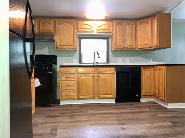 6566 E Stolberg Rd, Fountain, MI 49410 - kitchen with black appliances, under cabinet range hood, a sink, and wood finished floors
