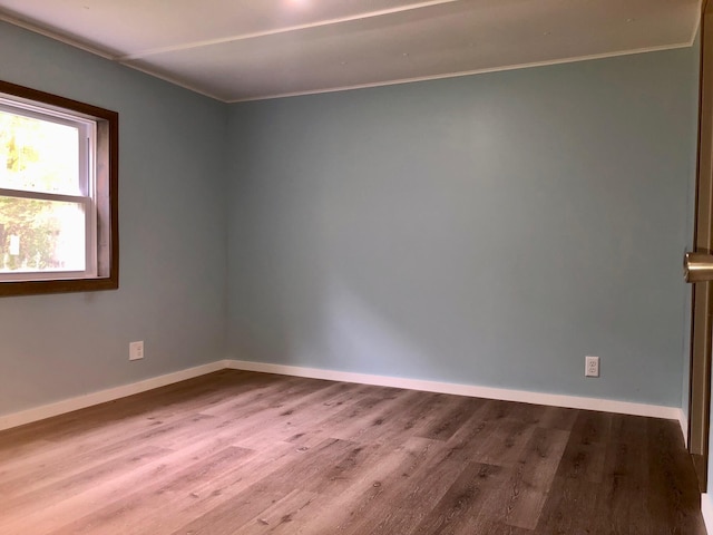 empty room featuring light wood-type flooring and ornamental molding