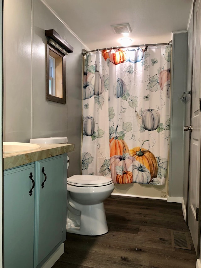 bathroom with vanity, toilet, wood-type flooring, and ornamental molding