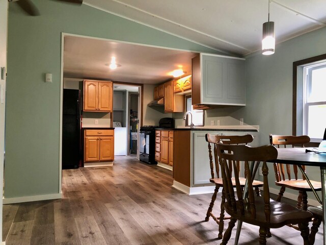 6566 E Stolberg Rd, Fountain, MI 49410 - kitchen featuring black appliances, lofted ceiling, under cabinet range hood, dark wood-style floors, and pendant lighting