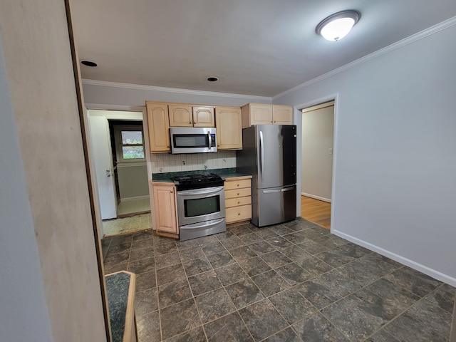 kitchen with appliances with stainless steel finishes, tasteful backsplash, ornamental molding, and light brown cabinetry