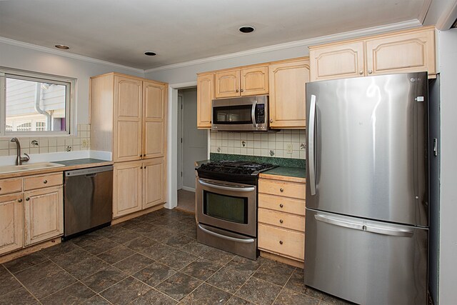 31990 Nottingwood St, Farmington Hills, MI 48334 - kitchen featuring appliances with stainless steel finishes, light brown cabinetry, a sink, decorative backsplash, and crown molding