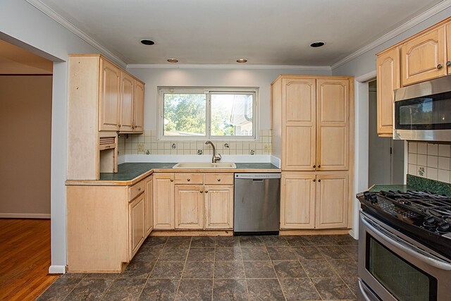 31990 Nottingwood St, Farmington Hills, MI 48334 - kitchen featuring appliances with stainless steel finishes, light brown cabinets, a sink, backsplash, and ornamental molding