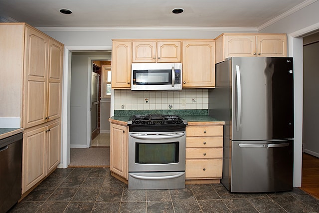 kitchen with decorative backsplash, light brown cabinets, and stainless steel appliances