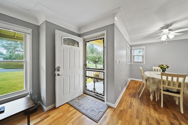 entrance foyer featuring ceiling fan, a healthy amount of sunlight, and light hardwood / wood-style floors