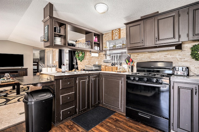 kitchen with black range with gas stovetop, lofted ceiling, dark wood-type flooring, and sink