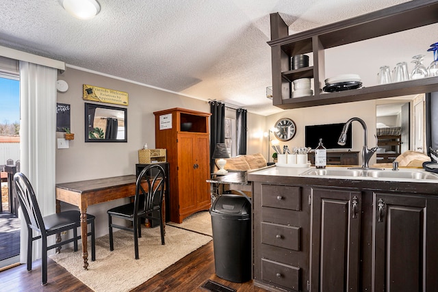 kitchen featuring a textured ceiling, dark brown cabinets, sink, and dark hardwood / wood-style floors