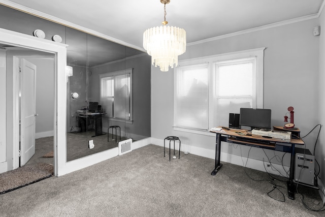 carpeted office featuring a chandelier, a healthy amount of sunlight, and ornamental molding