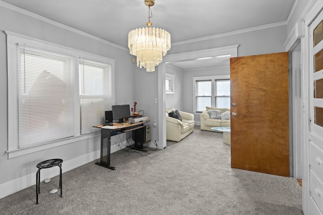 office area with carpet, an inviting chandelier, and crown molding