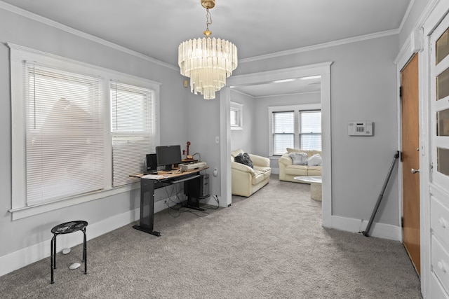 office area featuring carpet, ornamental molding, and an inviting chandelier