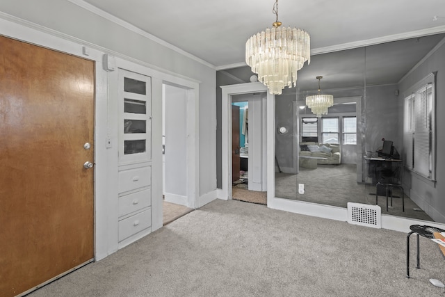 interior space featuring light carpet, crown molding, and a notable chandelier