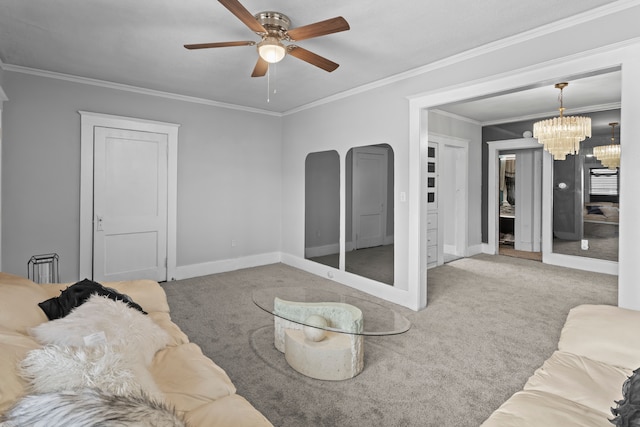 carpeted living room featuring crown molding and ceiling fan with notable chandelier