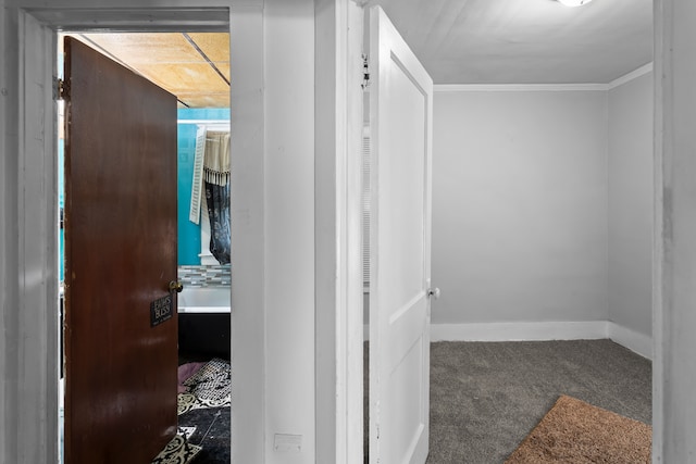 corridor with carpet and ornamental molding