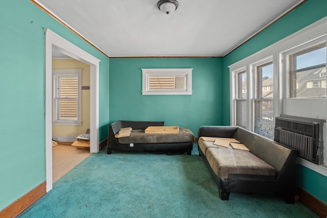 living area with carpet and cooling unit