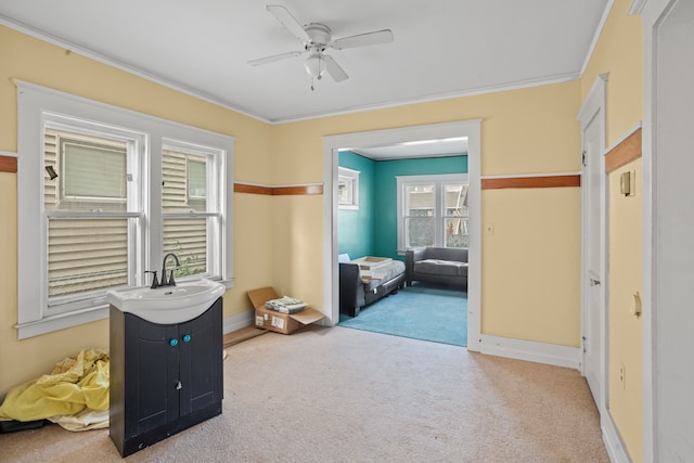 interior space with carpet flooring, crown molding, sink, and ceiling fan