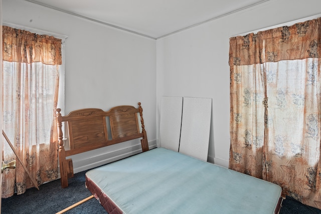 bedroom with dark colored carpet