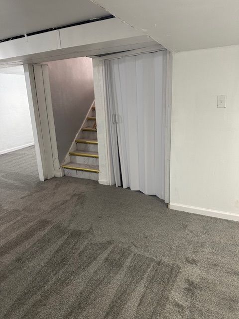 basement featuring dark colored carpet