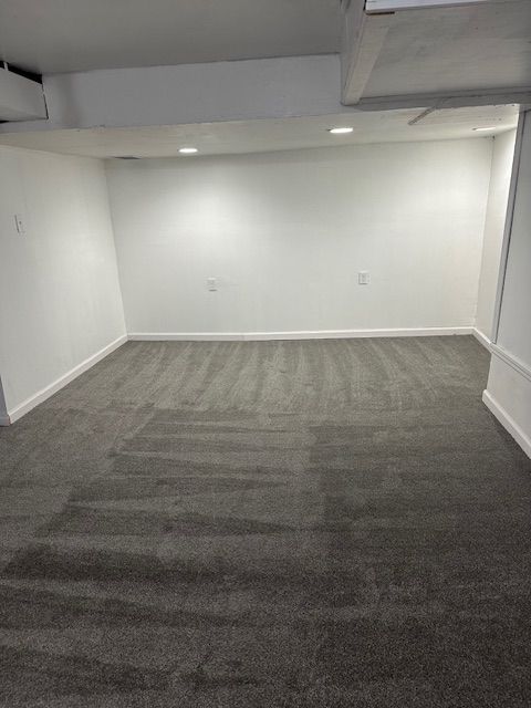 basement featuring dark carpet