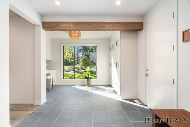 doorway with beam ceiling