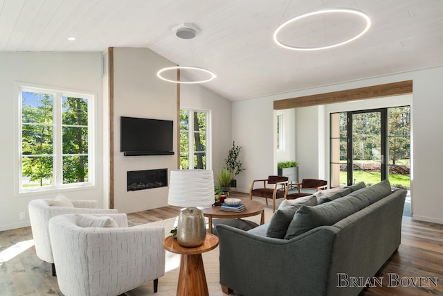 living room with lofted ceiling, wood-type flooring, and wooden ceiling