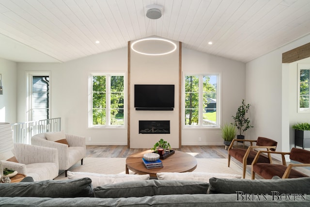 living room with lofted ceiling, light wood-type flooring, and wooden ceiling