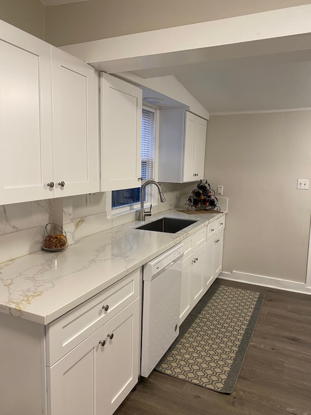 kitchen featuring white dishwasher, white cabinetry, sink, and dark wood-type flooring