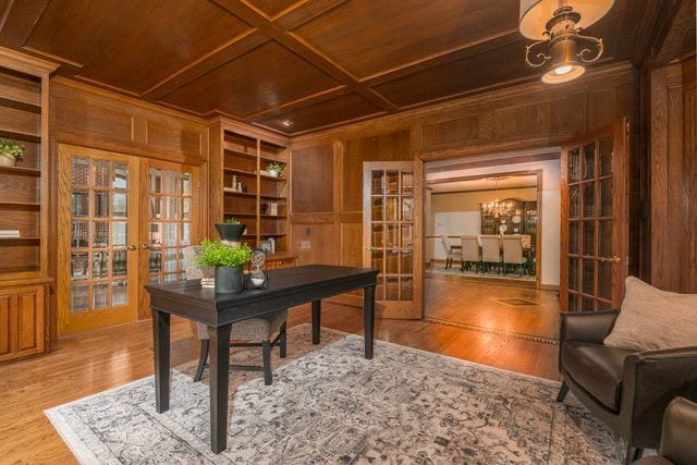 office space featuring french doors, hardwood / wood-style flooring, built in features, and wood walls