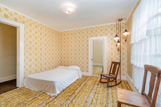 bedroom with multiple windows, wood-type flooring, and ornamental molding