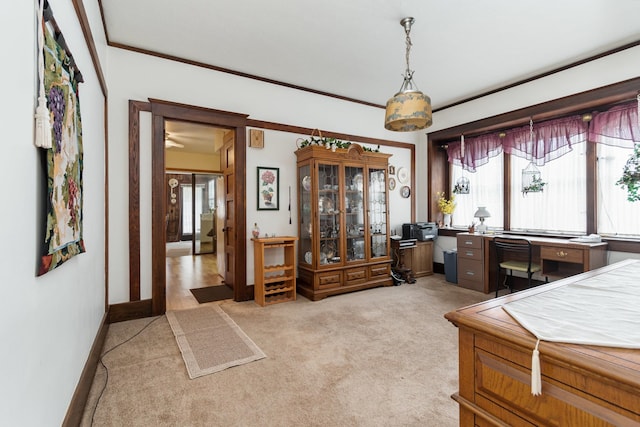 interior space featuring crown molding and light colored carpet