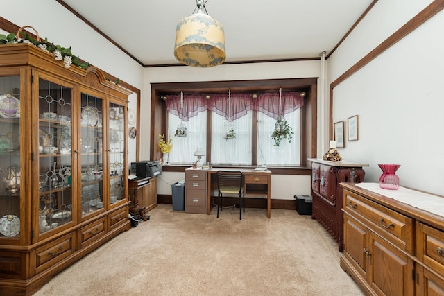 office space with light colored carpet and crown molding