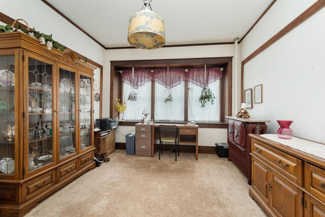 207 N Pine River St, Ithaca, MI 48847 - office area featuring light carpet, baseboards, and crown molding