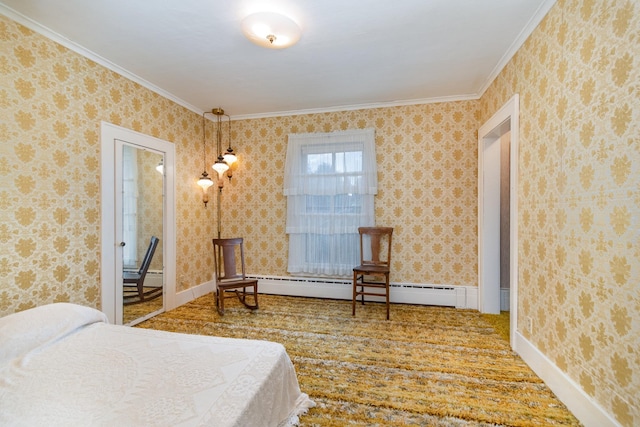 bedroom featuring hardwood / wood-style floors, ornamental molding, and baseboard heating