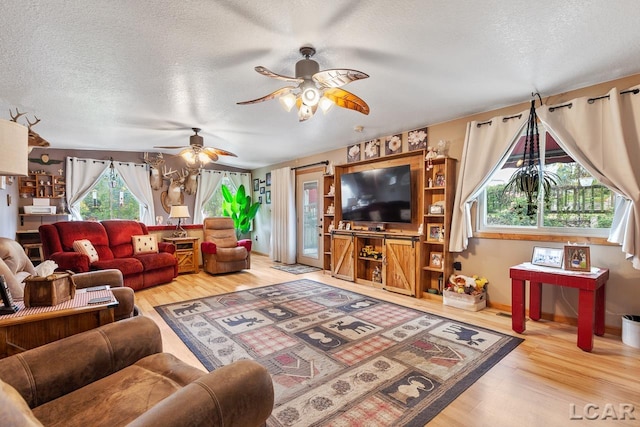 living room with plenty of natural light, wood-type flooring, and a textured ceiling