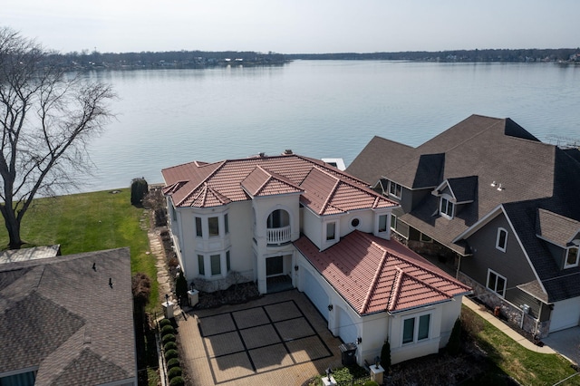 aerial view featuring a water view