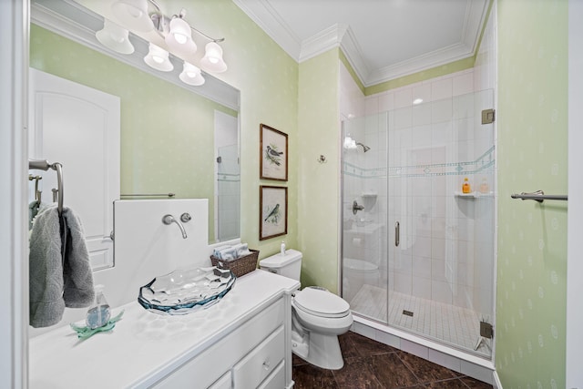 full bathroom with vanity, ornamental molding, tile patterned flooring, a shower stall, and toilet