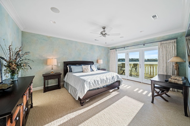 bedroom featuring visible vents, ornamental molding, a ceiling fan, access to outside, and light colored carpet