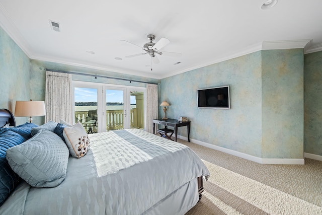 bedroom featuring visible vents, ornamental molding, carpet, baseboards, and access to exterior