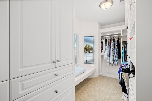 spacious closet featuring visible vents and carpet flooring